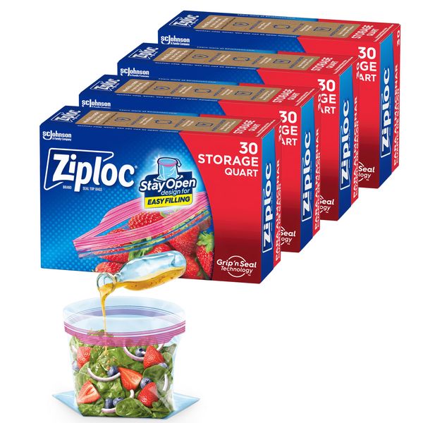 Ziploc Quart Food Storage Bags, Stay Open Design with Stand-Up Bottom, Easy to Fill, 120 Bags Total