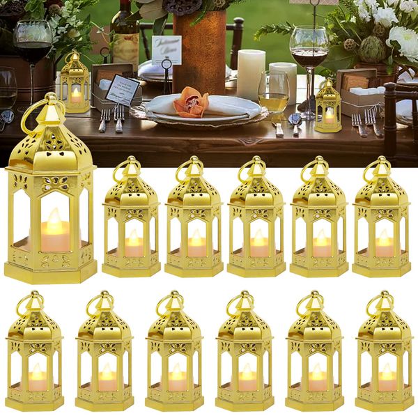 SHYMERY 12 Pieces Mini Lantern with Flickering LED Candles, Batteries Included, Decorative Hanging Candle Lantern for Indoor Use, Wedding, Party, Table Centerpiece (Gold)