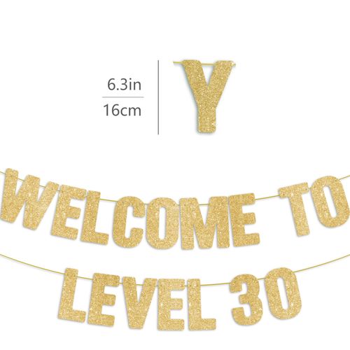 Pre-Strung WELCOME TO LEVEL 30 Banner - Gold Glitter, Happy 30th Birthday Decorations for Women & Men, Funny 30 Year Old Party Sign for Her & Him