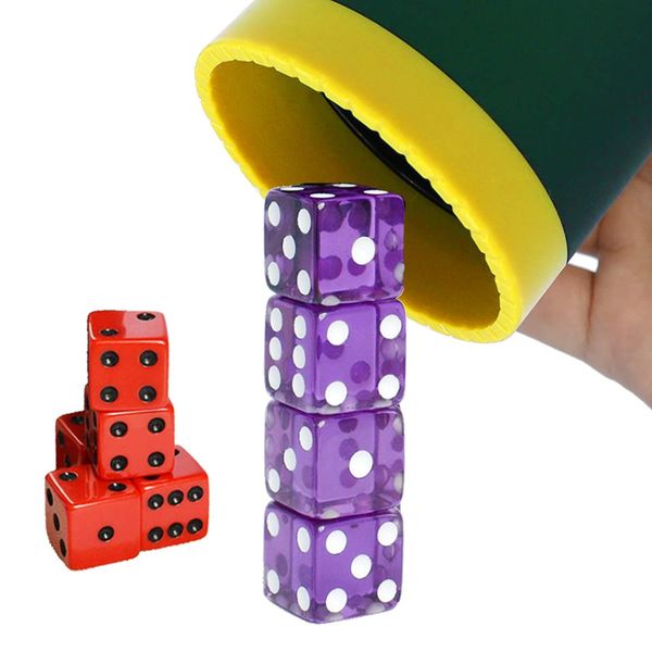 Dice Stacking Cup(Green) Set with 4 Pcs 19mm(Puple) and 5 Pcs 18mm(Red) Standard 6 Sided Dices, with Storage Bag-Magic Tricks Instruction