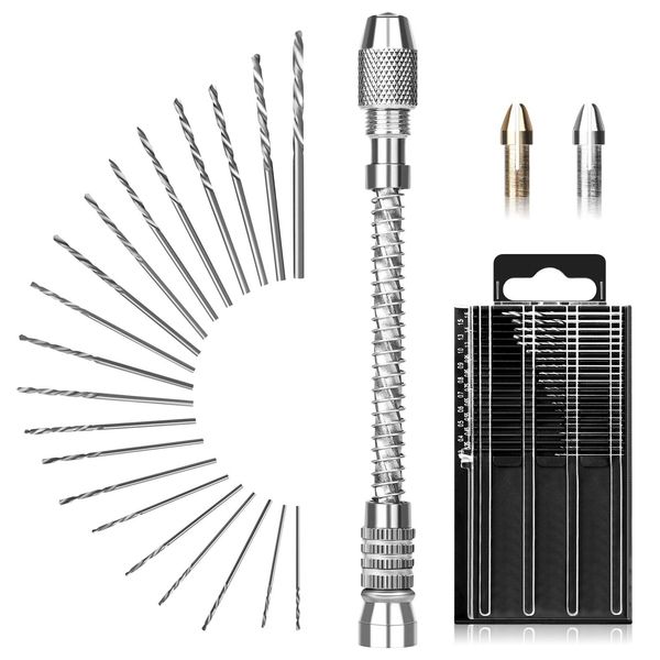 Mini Hand Drill Set with 20pcs Twist Bits 0.3-1.6mm, Linkstyle HSS Spiral Pin Vise Bit Hand Manual Push Drill Chuck for Delicate Manual Work, Electronic and Model Making, Drilling Holes, Wood Working