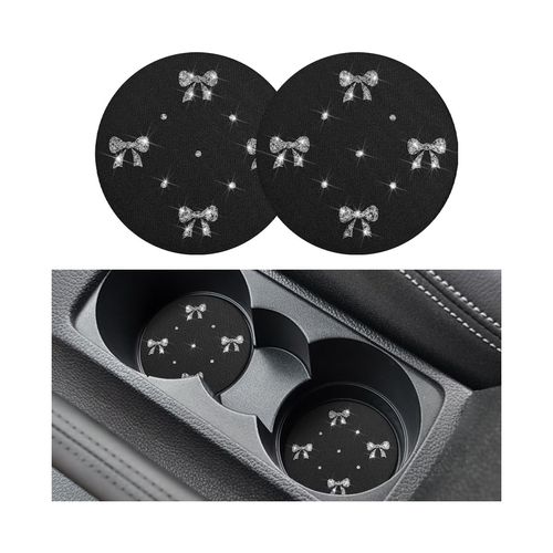 KHGUZ Bling Car Coasters, 2PCS Rhinestone Bow Anti-Slip Vehicle Cup Holder Pad, Diamond Spill-Proof Automotive Insert Water Bottle Protective Mat Accessories, Universal Fit (Grey)