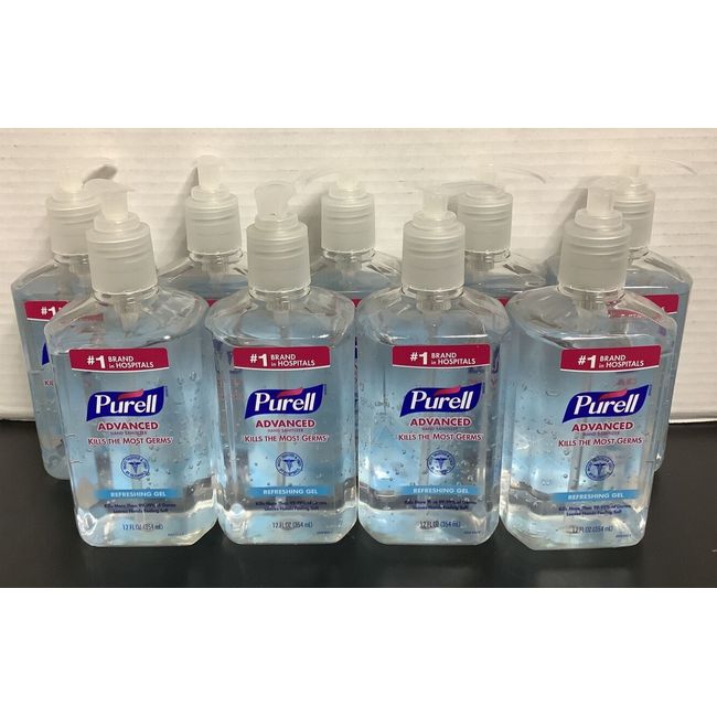 lot of 9 - GOJO Purell Advanced Hand Sanitizer Gel 12 oz Table Top Pump Bottle