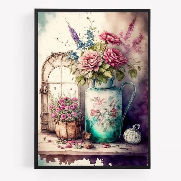 gfc hydrangea roses flowers Print Picture Poster A4 UNFRAMED mason jar pink purple yellow shabby chic country vase wall art Home decor Decorating