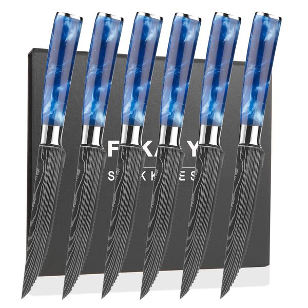 Fzkaly Steak Knives Set of 6, 5" Sharp Rust-Proof High Carbon Stainless Steel Serrated Blades, Ergonomic Full Tang Blue Resin Handle in Gift Box