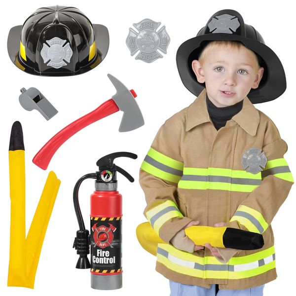 Popsunny Firefighter Costume for Kids 3-5 Years, Toddler Fireman Dress Up with Fire Fighter Costume & Fire Extinguisher, Christmas Pretend Play Toy Gift for Boys Girls