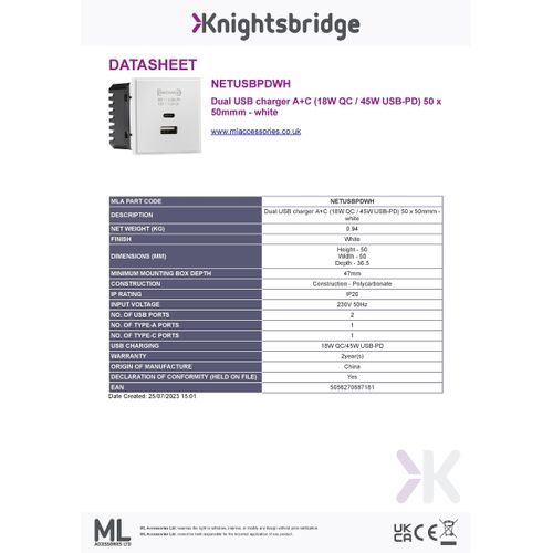 Knightbridge Dual USB Charger A+C (18W QC / 45W USB-PD) 50 x 50mmm - White (NETUSBPD)