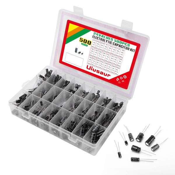 Uiusaur 0.1uF－1000uF Capacitors 24 Value 500pcs Individual Box Lid Electrolytic Capacitor Assortment Kit for Industrial Electrical and Arduino，TV, LCD Monitor, Radio, Stereo, Game, Water Heater, etc.