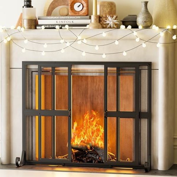 Wrought Iron Fireplace Screen with Sliding Doors, 37.8" W, Spark Guard