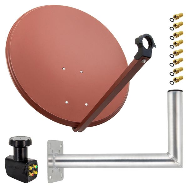 PremiumX Satelliten-Komplettanlage 80cm Satellitenantenne Ziegelrot Satellitenschüssel Quad LNB Wandhalter 45cm, SAT 4 Teilnehmer