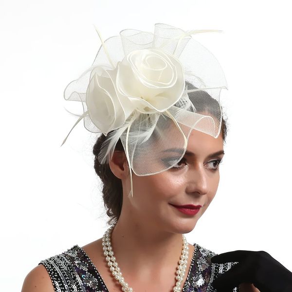 Women Fascinators Hat Organza Flower Feather Fascinators Wedding Fascinators Tea Party Hat Flapper Pillbox Fascinator Hat Derby Ascot Hat with Headband Hairclips Headdress Headpieces Beige