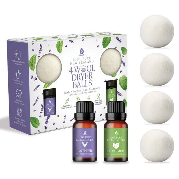 Wool Dryer Balls Bundle - Reusable Laundry Balls Made from Pure New Zealand Wool - Includes Lavender & Peppermint Oils