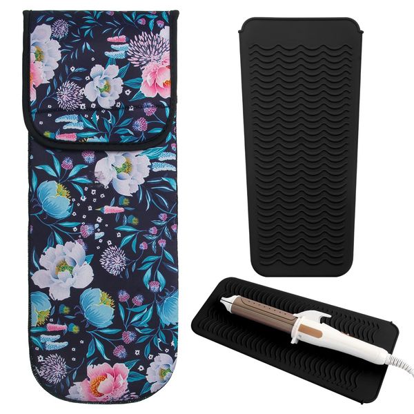 2 PCS Flat Iron Travel Case Heat Resistant, Catcan Curling Iron Holder Cover Bag with Silicone Mat Heat Resistant for Travel Daily Curling Iron Hair Straightener Storage (Flower Pattern