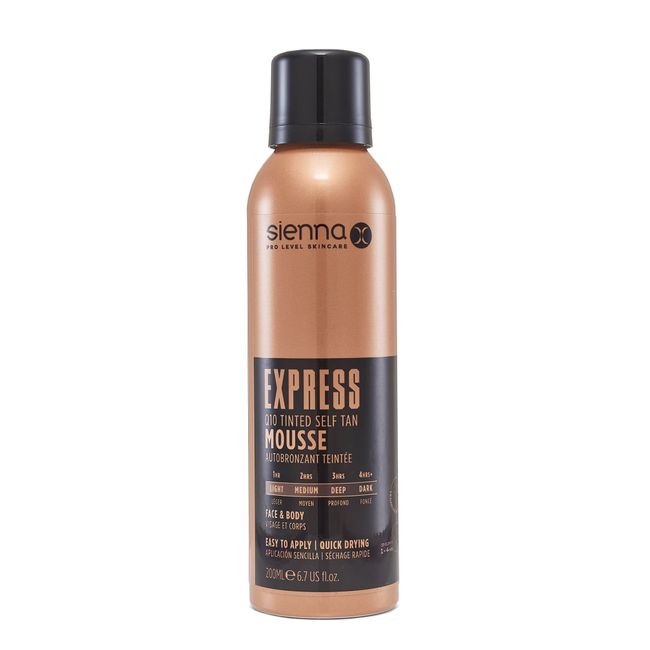 Sienna X Express Q10 Self Tan Mousse 200ml. Quick Drying Formula Enriched With Vitamin E. Fake Tan for Face and Body