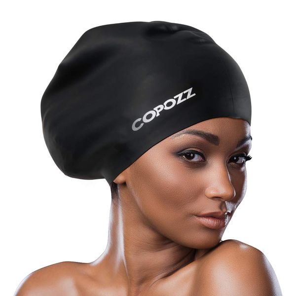 COPOZZ Extra Large Swim Cap, Designed for Long Hair Braids Dreadlocks Weaves Hair Extensions Curls & Afros, Silicone Bathing Cap Swimming Hat for Women Men (Black)