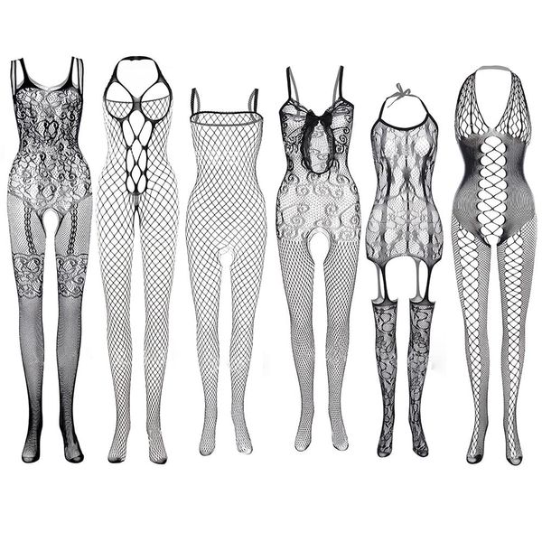 SENMAN Women's Body Stocking, Full Body Net Tights, Sexy Lingerie, Open Crotch, Leotard, See-Through, Sexy Lingerie, Extreme, Full Body Tights, Set of 6, Cosplay, Costume, Black, c