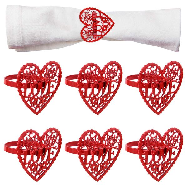 FEPITO 6Pcs Valentine's Day Heart Napkin Rings Hollow-Out Red Heart Napkin Rings Table Decorations Heart Napkin Holders for Valentine's Day Party, Wedding, Anniversary