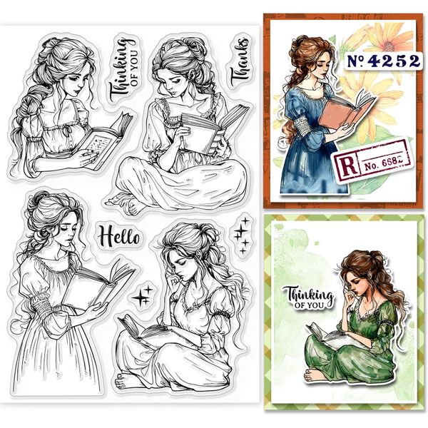 GLOBLELAND "Reading Lady“ – Vintage Dame Klare Stempel Zum Basteln von Karten, Weltlesetag, Klare Stempelsiegel, Transparente Stempel Für DIY Scrapbooking, Fotoalbum, Tagebuch, Heimdekoration