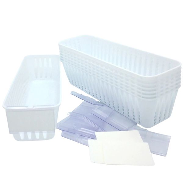 8 Storage Baskets 10x3" & 12 Label Holders, White, SKU# 655457974239