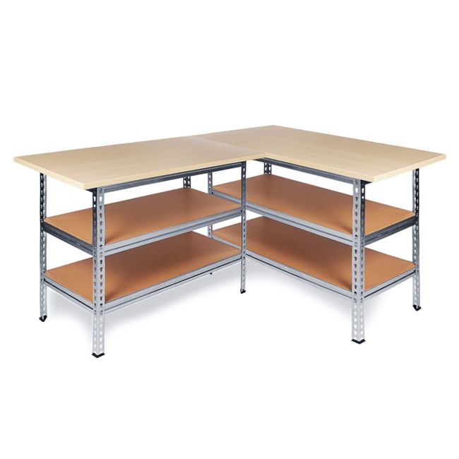 Ondis24 Werkstatt-Set Ecklösung Sparfuchs-Uwe 180 x 120 x 92 cm (H), 2X Werkbank aus Metall, melaminbeschichtete Arbeitsplatte, Problemlöser für Ecke