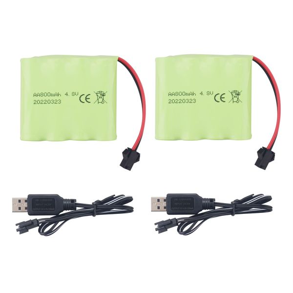 2pcs 4.8V 800mAh Rechargeable RC Toy Car Battery SM2P Plug RC Truck Stunt Car Digger Toy Car Battery and USB Charging Cable