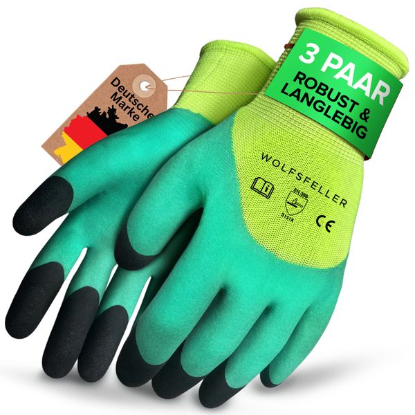 WOLFSFELLER 3 Paar robuste & komfortable Gartenhandschuhe Damen & Gartenhandschuhe Herren Gr 10 - Handschuhe Garten Handschuhe - Gardening gloves mit doppelt beschichteten Fingerspitzen