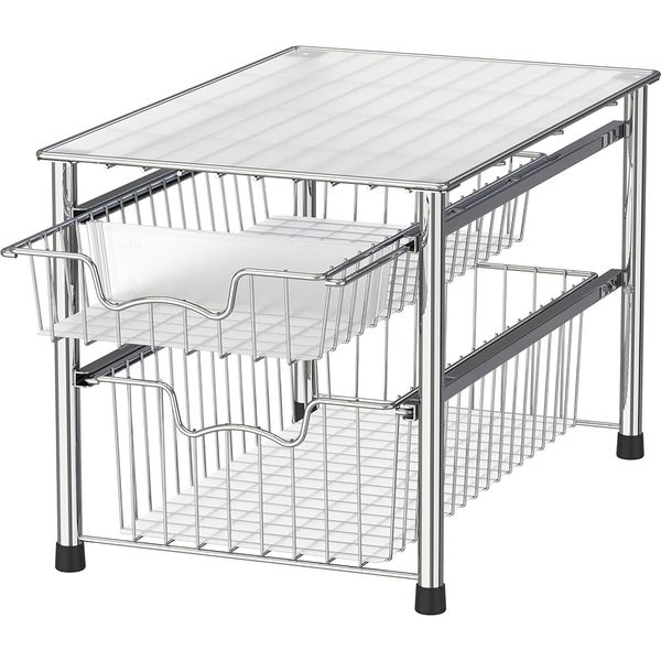 SimpleHouseware Stackable 2 Tier Sliding Basket Organizer Drawer, Chrome