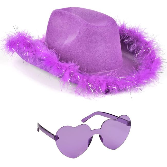 Funcredible Purple Cowboy Hat and Glasses - Fluffy Cowgirl Hat - Feather Cowboy Hats for Women - Cowgirl Costume Accessories