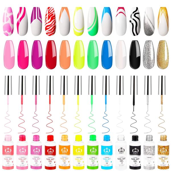 Nail Art Polish Set Gel Liner Nail Art Kit For Nail Design Polish Gel Art Paint For Nail 12 Colors Black White Gel Nail Polish Soak off Curing Requires 8ml with Thin Nail Art Brush