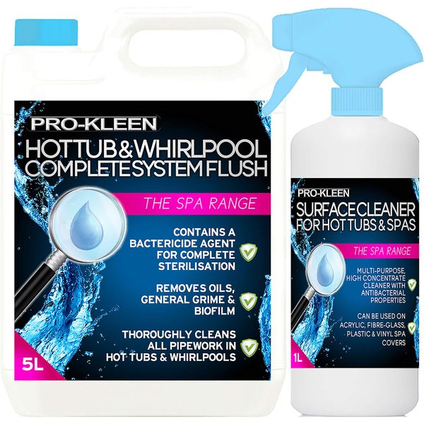 Pro-Kleen 5 Litre Hot Tub & Whirlpool Complete System Flush with 1 Litre Hot tub and Spa Surface Cleaner Chemicals