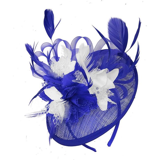 Caprilite Royal Blue and White Sinamay Disc Saucer Fascinator Hat for Women Weddings Headband