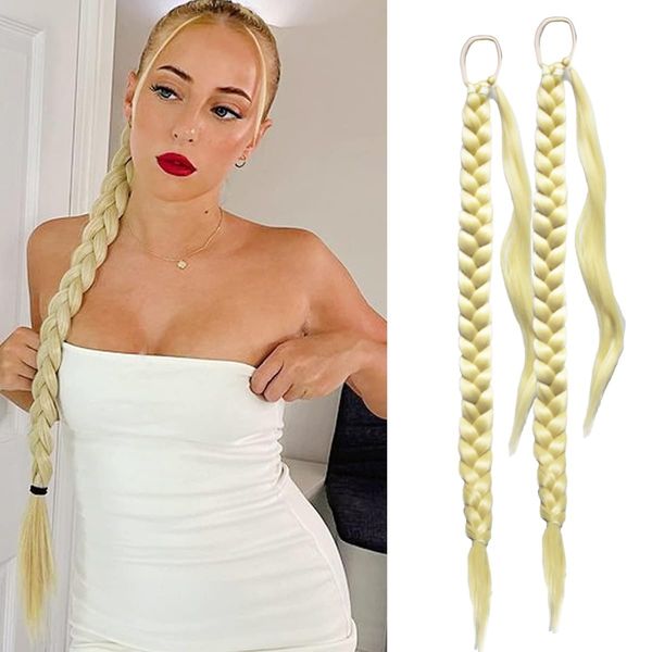 2 Packs Long Braided Ponytail Extension For Black Women Soft Synthetic Hair Piece For Women with Hair Tie Straight Wrap Around Ponytail Braided Hair Extensions pre Stretched (613)