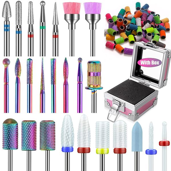 25Pcs Nail Drill Bits Set with Pink Holder and 50Pcs 8 Colors Sanding Bands, Tungsten Carbide Ceramic Diamond 3/32 inch Nail Drill Bits Remove Acrylic Poly Nail Gel Nail Polish