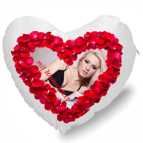Foto-Herzkissen mit Rosen und Herz - Kissen mit Foto individuell Bedruckt - selbst gestalten - 45x40 cm - Kissenfüllung - personalisierte Geschenk-Idee - zum Geburtstag und Valentinstag - Fotokissen