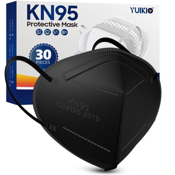 YUIKIO KN95 Face Masks, 30 Pack Individual Packed Safety Masks, Filter Efficiency≥95%, 5 Layers Filter Safety Mask Against PM2.5 Disposable KN95 Respirator Mask Breathable Cup Mask in Bulk (Black)