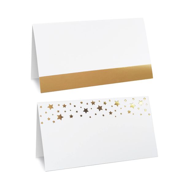 CLEVER SIGNS 100 Pack Gold Place Cards for Wedding Party Reception, 2" X 3.5, Double Design, Gold Foil Stars and Line, Scored for Easy Folding, Place Cards for Table Setting