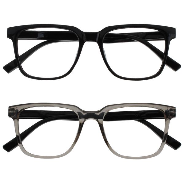 OPULIZE LEO Reading Glasses - 2 -Pack - Large Rectangular Frame - Black, Grey - Mens Womens - Spring Hinges - RR55-17 - +2.00