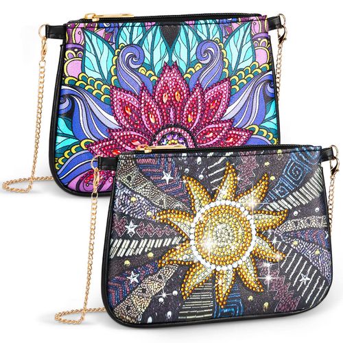 Geyoga 2 Pcs Diamond Art Purses Handbag Diamond Art Kits for Adults Sunflower and Flower Crossbody Bag 5D DIY Shoulder Makeup Bag Chain Leather Clutch Purse