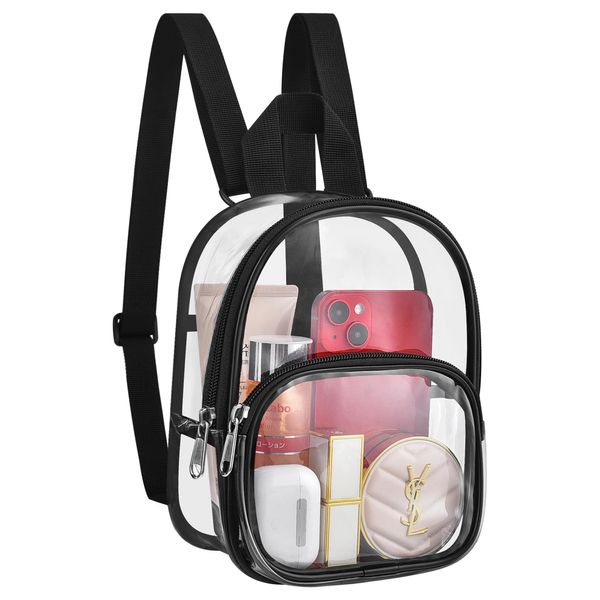 USPECLARE Clear Mini Backpack Stadium Approved, Size 7.5"x2.8"x9" for Girls, for Concert, Festival, Sport Events&Daily Use(Black)