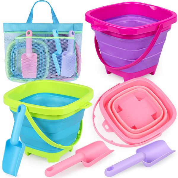 TSDATOWR Collapsible Beach Buckets for Kids, Foldable Sand Buckets and Shovels with Mesh Beach Bag, Silicone Beach Sand Pails for Beach Travel, Beach Toys Sand Toys for Kids & Toddlers (3 Buckets)