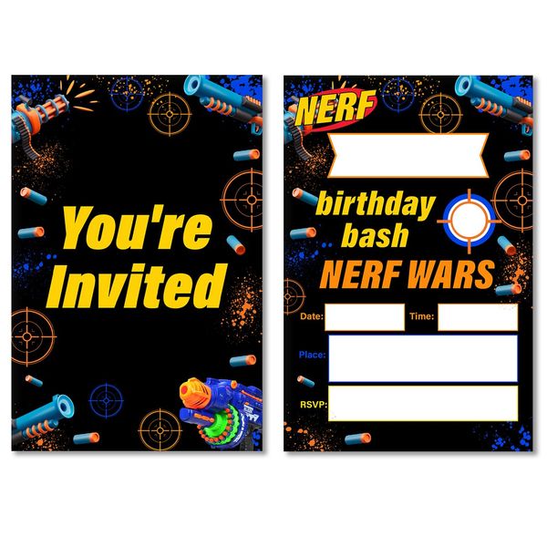 Soiceu Nerf War Birthday Invitations Dart Gun Battle Boys Party Invites with Envelopes Set of 20