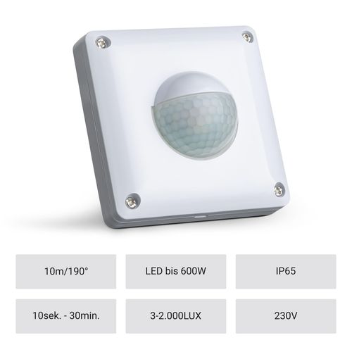 SEBSON Outdoor Motion Sensor IP65 Flush-Mounted LED Suitable for Wall Mounting, IR Motion Sensor Programmable Installation 53 x 53 x 23 mm Sensor 10 m / 190° 3-Wire