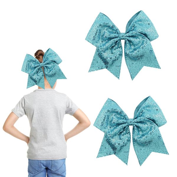 2PCS 8" Blue Large Glitter Cheer Bows，Bow Hair with Elastic Ponytail Holder Bow Hair Tie Band for Cheerleading Bow Bands Elastics Hair Accessories Match 2indivual Hairpin