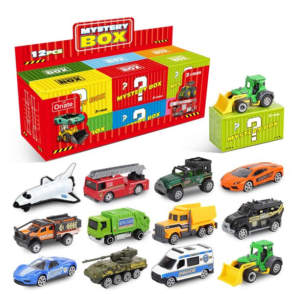 Oriate Diecast Toy Cars Set for 3 4 5 6 7 8 Year Old Boys, 12 Pack Mini Metal Cars 1/64, 12 Theme in one Set Blind Box Edition- Include Farm, Space Ship, Truck for Children Birthday Party Decor Gifts