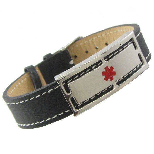 My Identity Doctor - Genuine Leather Medical Alert Bracelet with Engraving 6.75in-8.25in Black