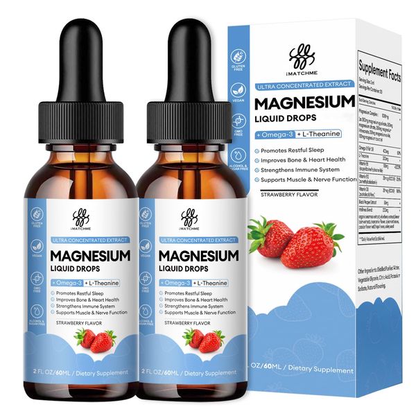 (2 Pack) Magnesium Glycinate Liquid Drop with Citrate, Oxide and Taurate, Calm Magnesium with Omega3, L-Theanine, D3, B6, B12 for Calm, Sleep, Leg Cramps, Muscles, Energy, Sugar-Free Strawberry Flavor