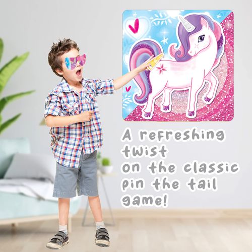 D.A.Y. Republic Stick the Horn on the Unicorn, Party Games for Kids, Perfect Party Favours Pin Game Includes Blindfold, Stickers, and Backdrop Poster, Party Supplies Decoration (Unicorn Themed)