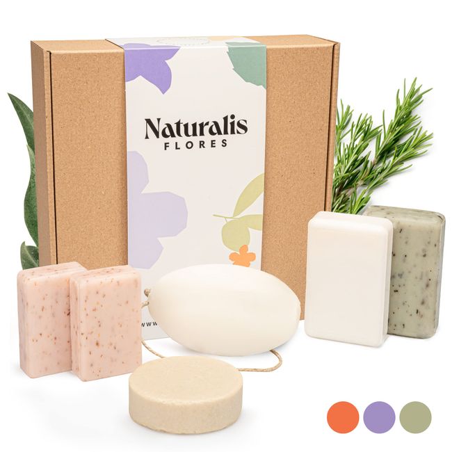 NATURALIS FLORES® Geschenkbox 6 Bio-Seifen & Shampoo – Handgemachte, natürliche Seifen für Körper, Gesicht und Hände – Aus Frankreich, dem Herzen der Provence – 100% recycelbare Verpackung