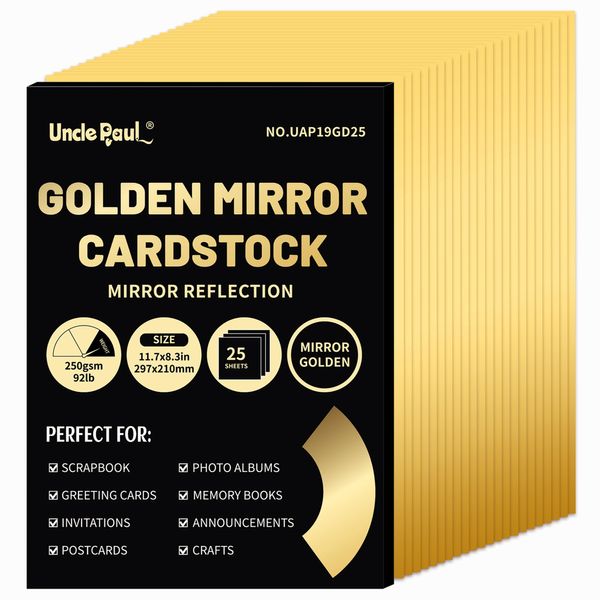 A4 Golden Mirror Cardstock Paper, 25 Sheets 250gsm/92Ib Metallic Reflective Paper for Crafts, Foil Cardstock for DIY Projects Birthday Party Decoration UAP19GD25