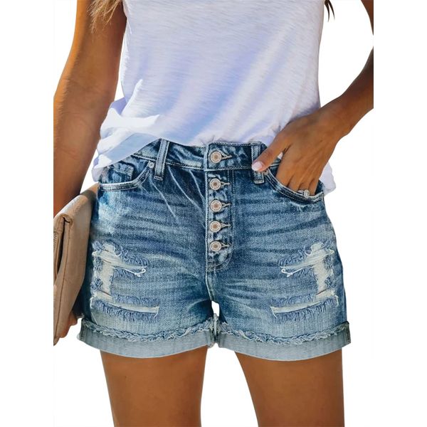 SANMM Jean Shorts for Women Casual Plus Size Stretch Denim Shorts High Waisted Ripped with Pocket(Light Blue,XL)